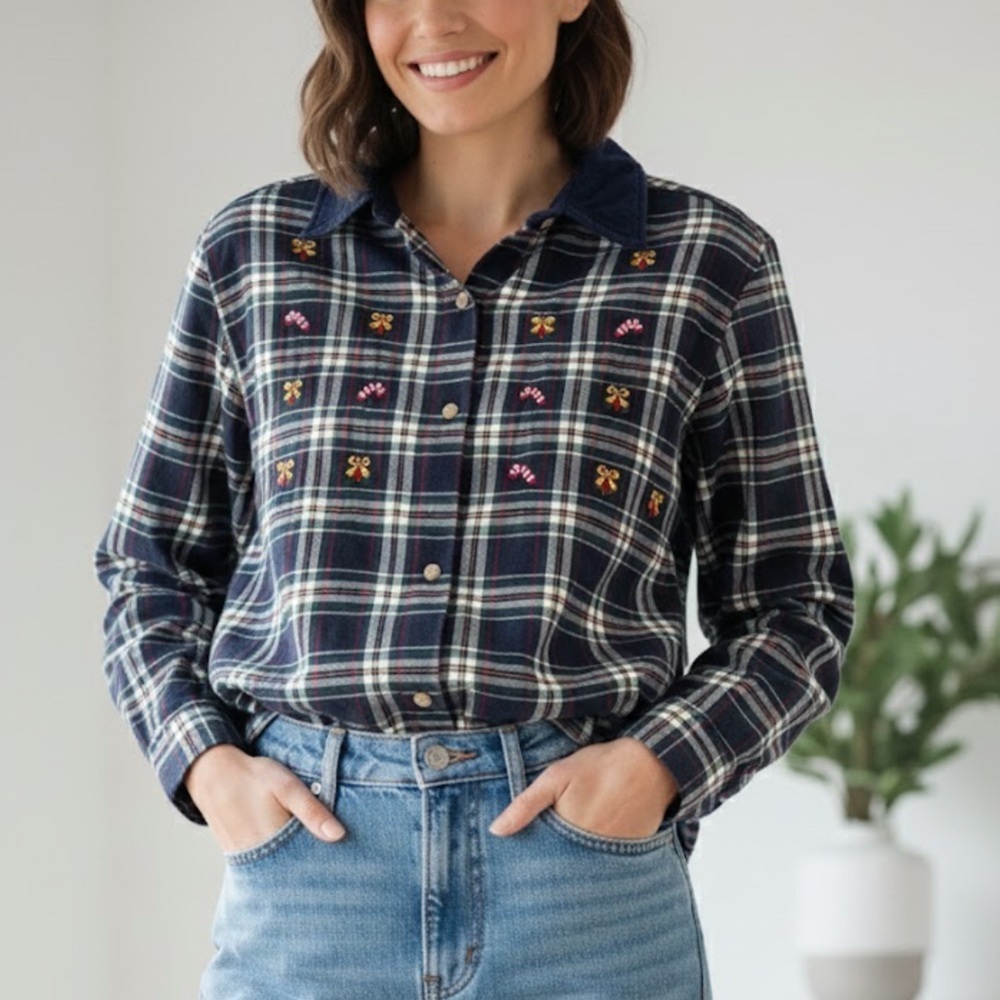 Vintage Bobbie Brooks Holiday Plaid Flannel Shirt – Embroidered Size Large
